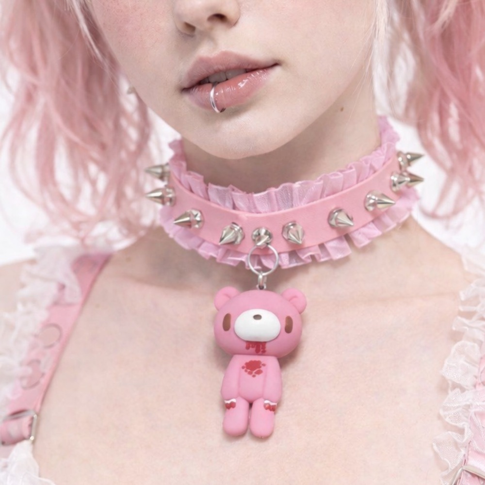 Bloody Bear Pendant Spiked Faux Leather Choker Collar Necklace Pastel Pink